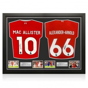 Alexis Mac Allister And Trent Alexander-Arnold Signed Liverpool 2023-24 Football Shirts. Dual Frame