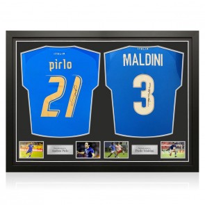Paolo Maldini And Andrea Pirlo Signed Italy Football Shirts. Dual Framed