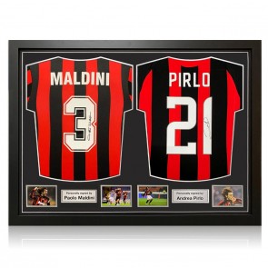 Paolo Maldini And Andrea Pirlo Signed AC Milan Football Shirts. Dual Frame
