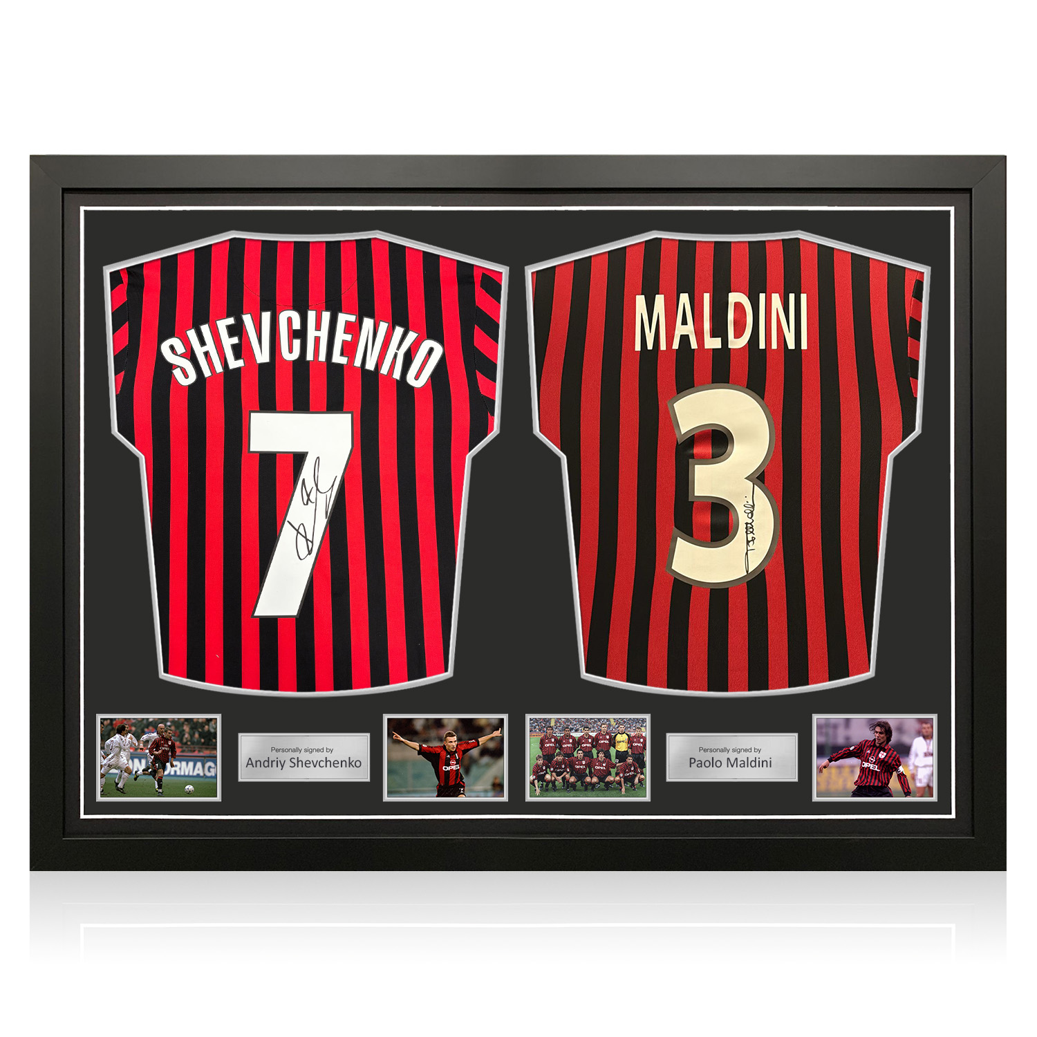 Andriy Shevchenko & Paolo Maldini Signed AC Milan 2000 Centenary Football Shirts. Dual Frame