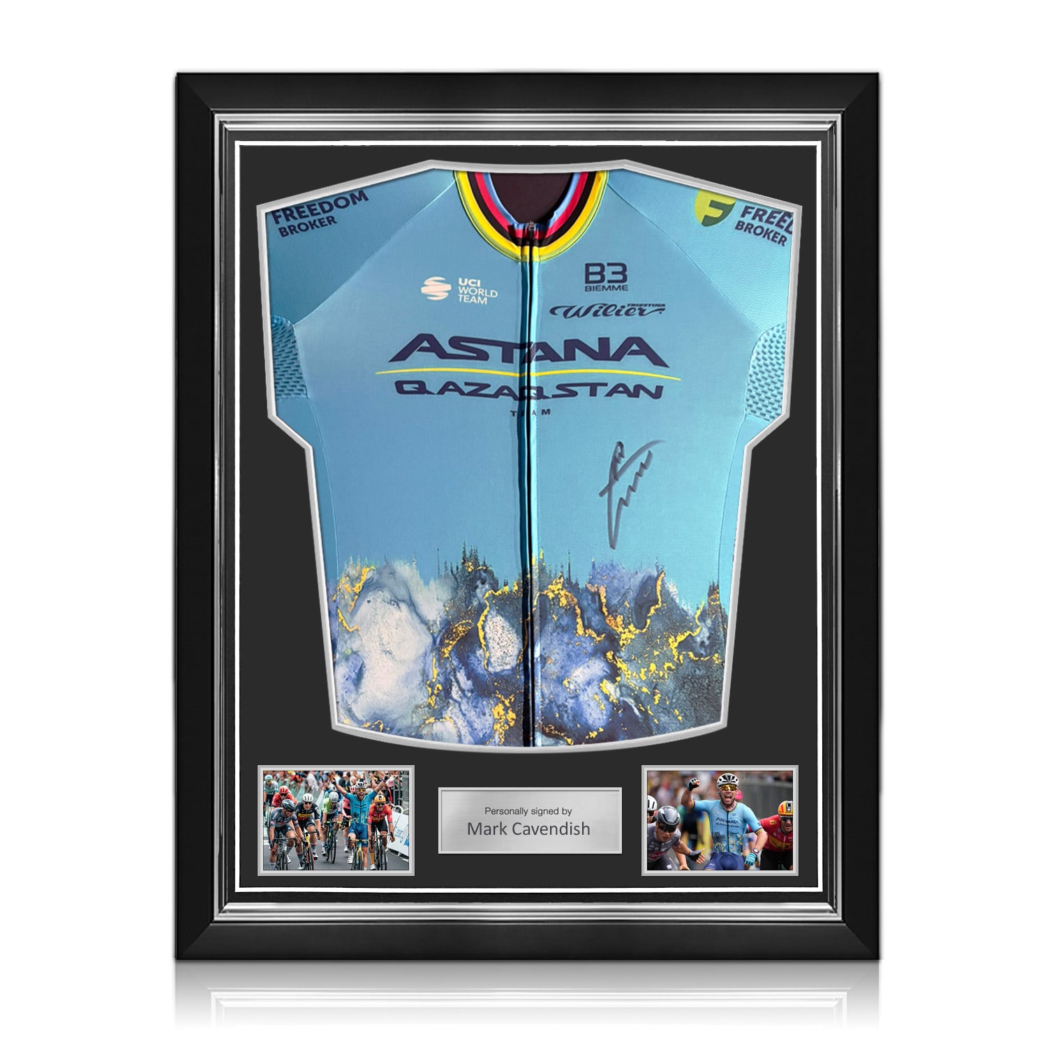 Sir Mark Cavendish Signed 2024 Astana World Champion Edition Jersey. Superior Frame