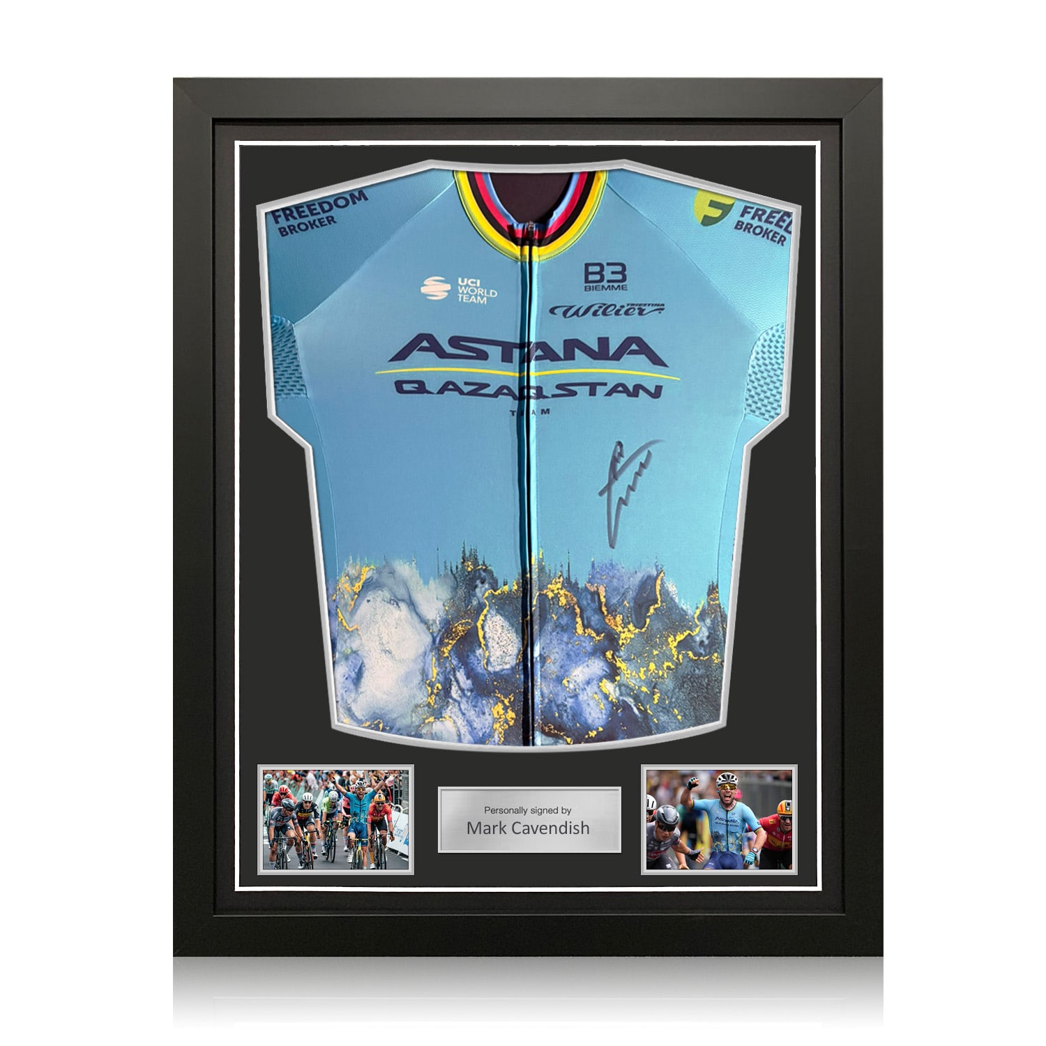 Sir Mark Cavendish Signed 2024 Astana World Champion Edition Jersey. Standard Frame