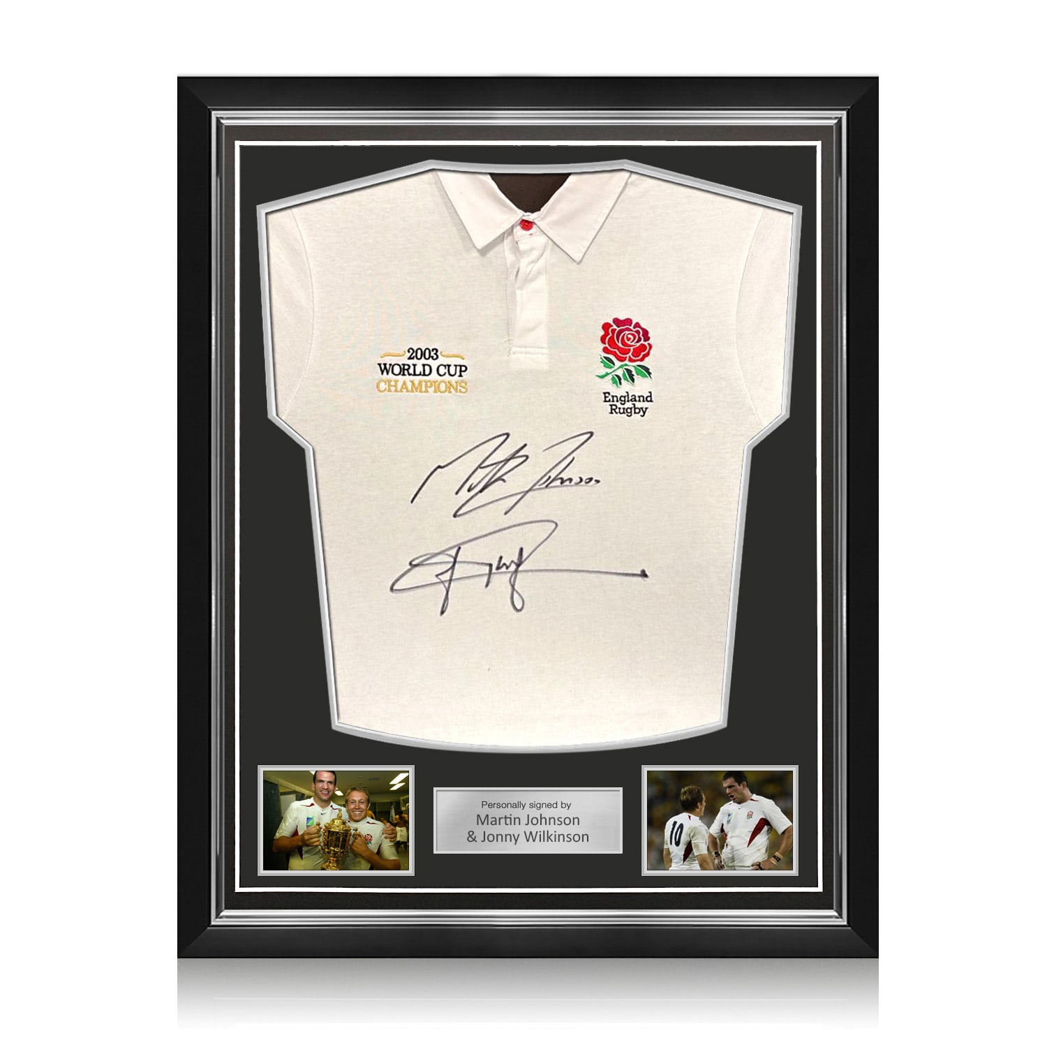 Martin Johnson And Jonny Wilkinson Signed England Rugby Shirt: Champions Embroidery. Superior Frame