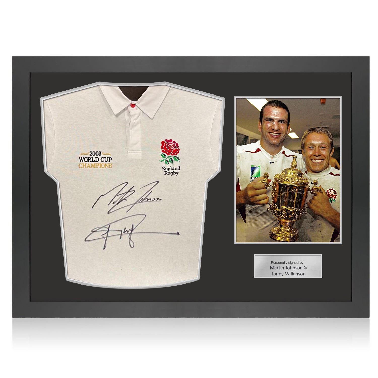 Martin Johnson And Jonny Wilkinson Signed England Rugby Shirt: Champions Embroidery. Icon Frame