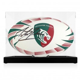 Martin Johnson Signed Leicester Tigers Rugby Ball. In Display Case