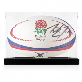 Martin Johnson Signed England Rugby Ball. In Display Case