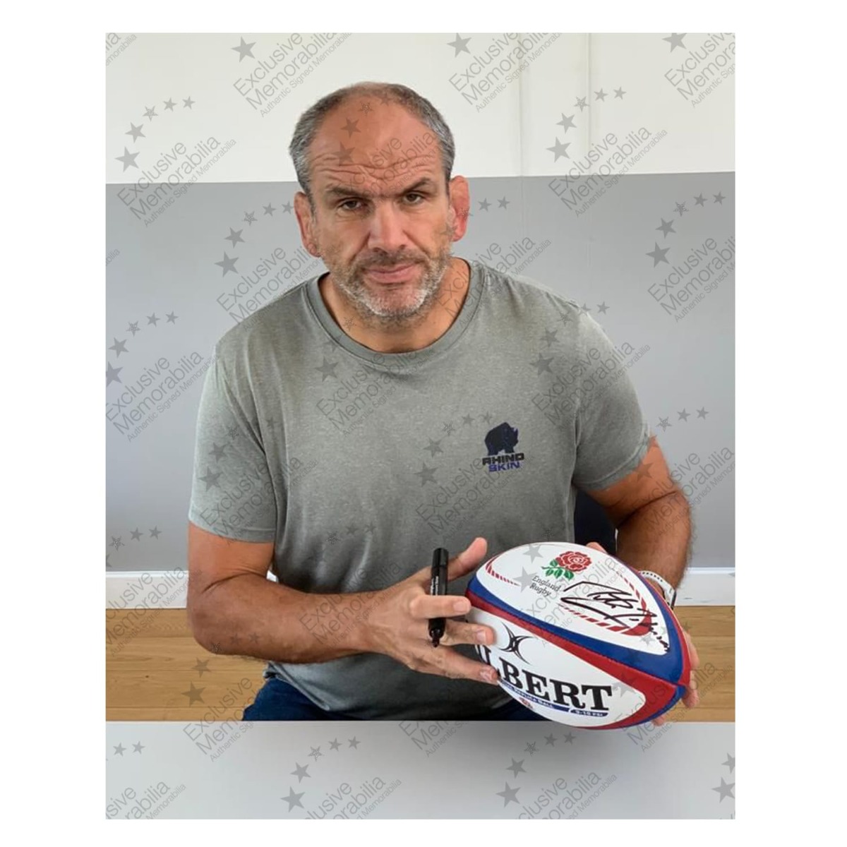 Martin Johnson Signed England Rugby Ball. In Display Case