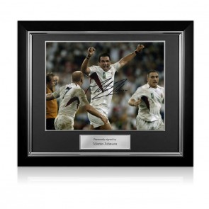 Martin Johnson Signed England Rugby Photo: RWC 2003 Final Whistle. Deluxe Frame