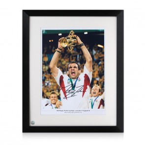 Martin Johnson Signed England Rugby Photo: The Webb Ellis Trophy. Framed
