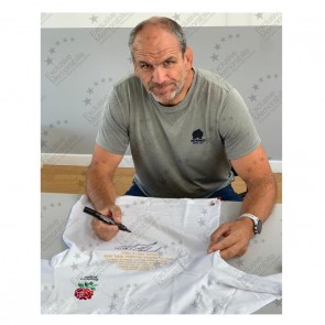 Martin Johnson Signed England Shirt: Career Embroidery. Deluxe Frame