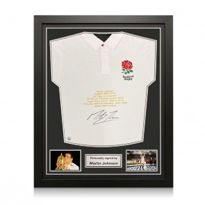 Martin Johnson Signed England Shirt: Career Embroidery. Standard Frame