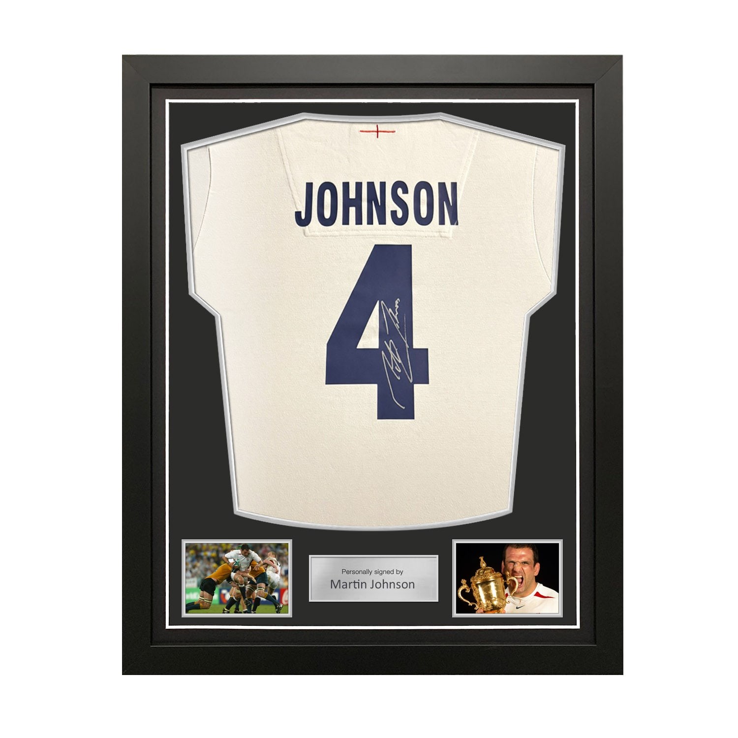Martin Johnson Signed England Rugby Shirt: Johnson 4. Standard Frame