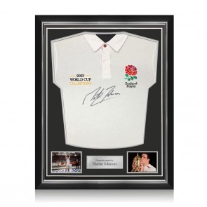 Martin Johnson Signed England Rugby Shirt: Champions Embroidery. Superior Frame