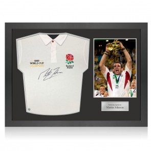 Martin Johnson Signed England Rugby Shirt: Champions Embroidery. Icon Frame