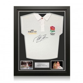 Martin Johnson Signed England Rugby Shirt: Champions Embroidery. Standard Frame