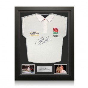 Martin Johnson Signed England Rugby Shirt: Champions Embroidery. Standard Frame