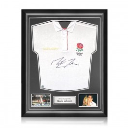 Martin Johnson Signed England Rugby Shirt. Superior Frame