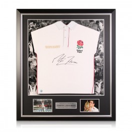 Martin Johnson Signed England Rugby Shirt. Luxury Frame