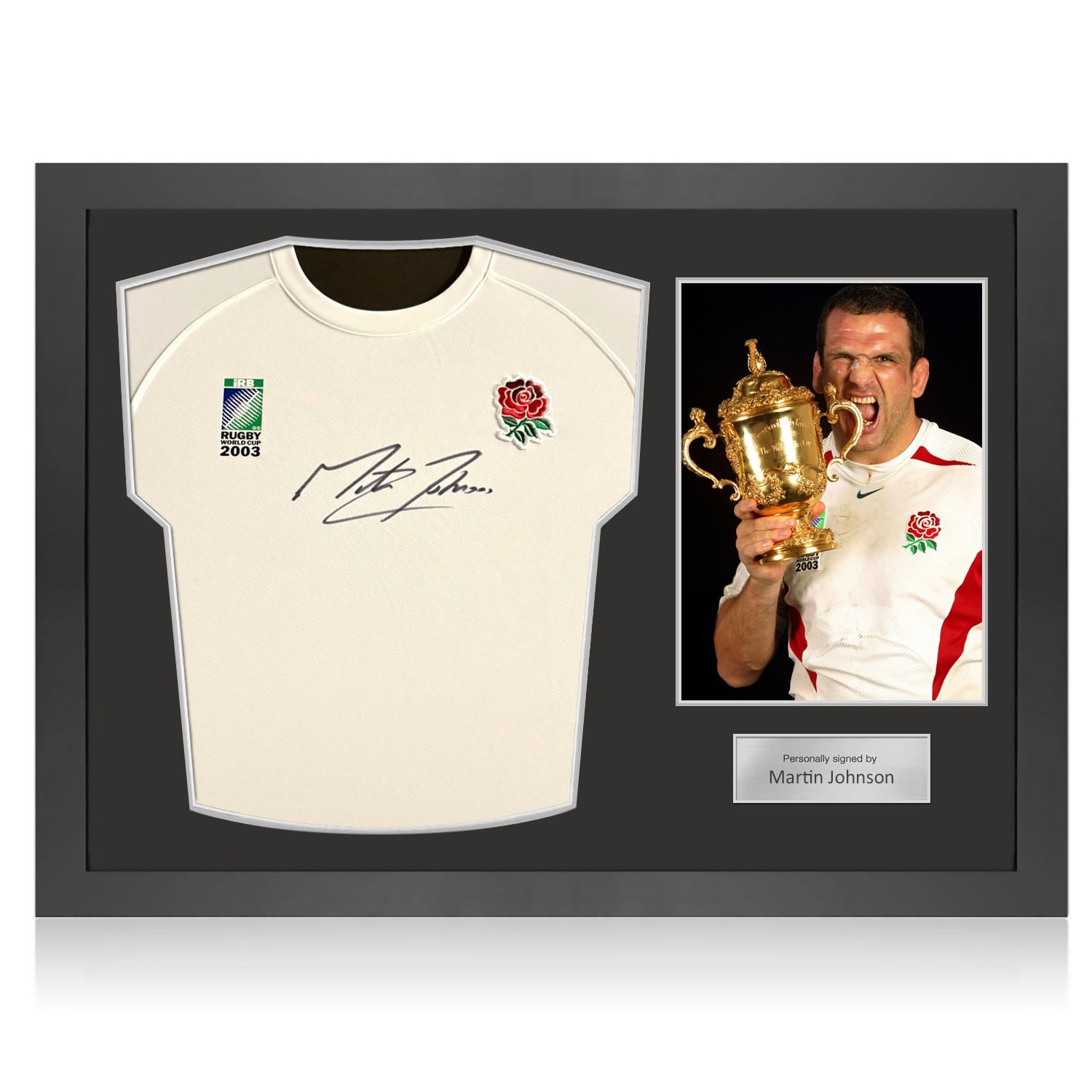 Martin Johnson Signed Commemorative Champions '03 England Rugby Shirt. Icon Frame