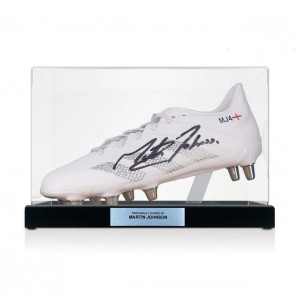 Martin Johnson Signed Rugby Boot. In Display Case With Plaque