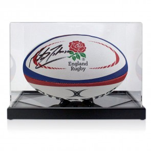 Martin Johnson signed rugby ball In display case