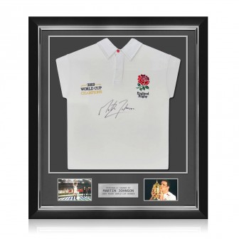 Martin Johnson Signed England Rugby Shirt: Champions Embroidery. Deluxe Frame