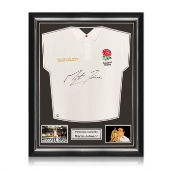 Martin Johnson Signed England Rugby Shirt (Red). Superior Frame