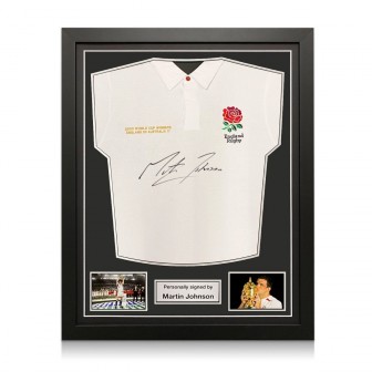 Martin Johnson Signed England Rugby Shirt (Red). Standard Frame