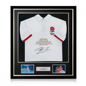 Martin Johnson Signed England Shirt: Career Embroidery. Deluxe Frame