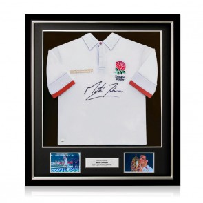 Martin Johnson Signed England Rugby Shirt (Red). Deluxe Frame