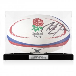 Martin Johnson Signed England Rugby Ball. In Display Case With Plaque