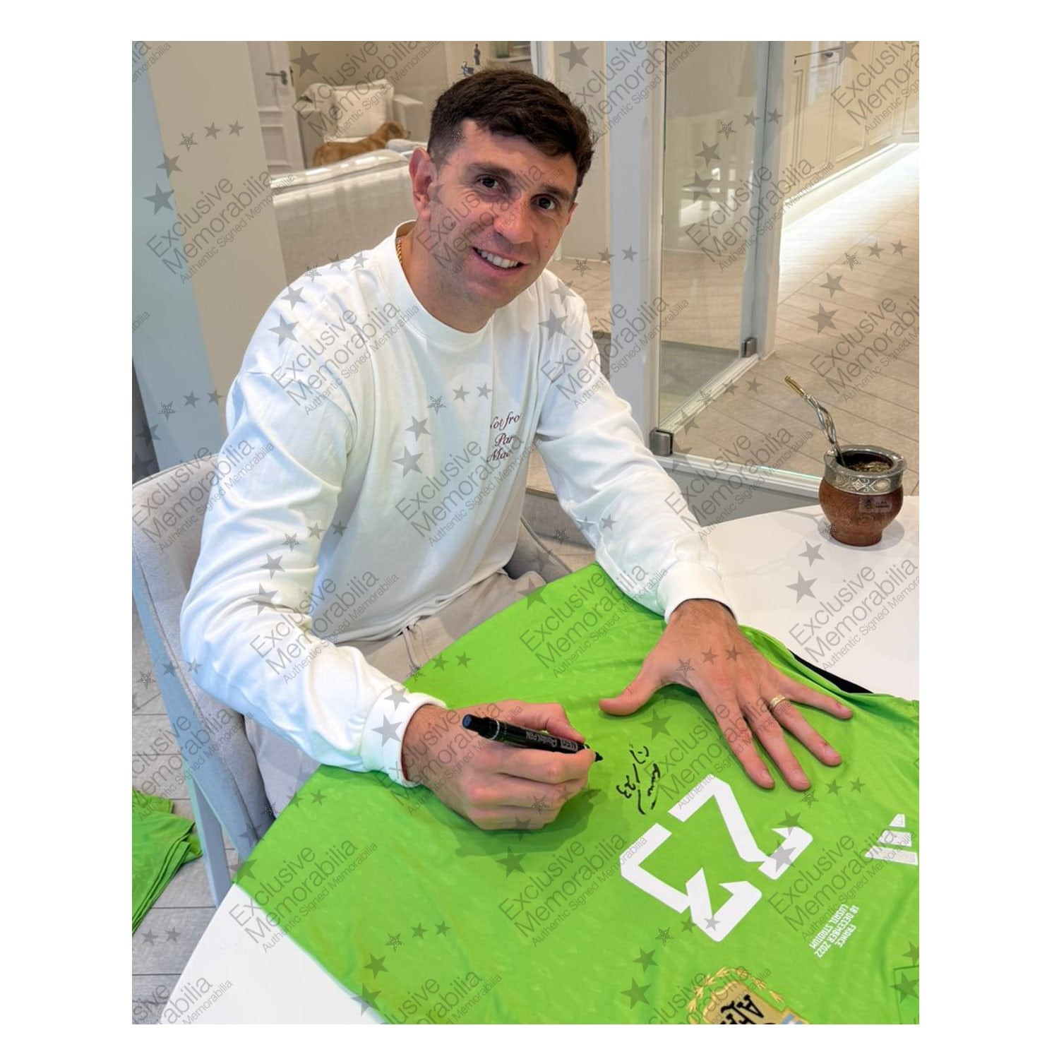 Emi Martinez Front Signed Argentina 2022-23 Home Goalkeeper Shirt. Standard Frame