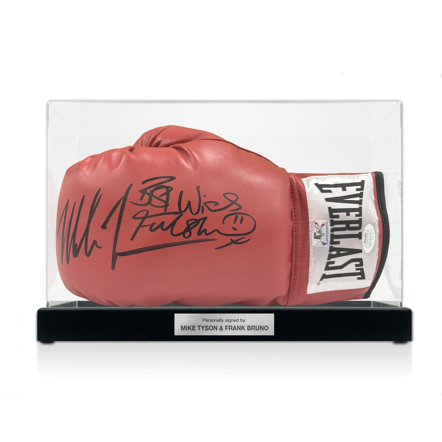 Mike Tyson And Frank Bruno Signed Red Boxing Glove. Display Case With Plaque