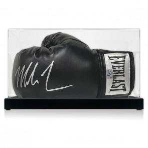 Mike Tyson Signed Black Boxing Glove. Display Case