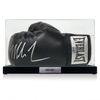 Mike Tyson Signed Black Boxing Glove. Display Case With Plaque