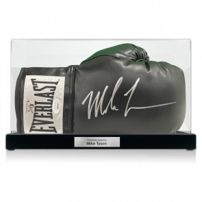 Mike Tyson Signed Black Boxing Glove. Display Case With Plaque
