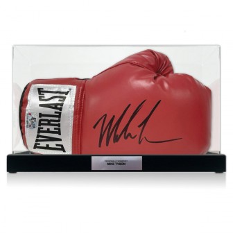 Mike Tyson Signed Red Boxing Glove. Display Case With Plaque