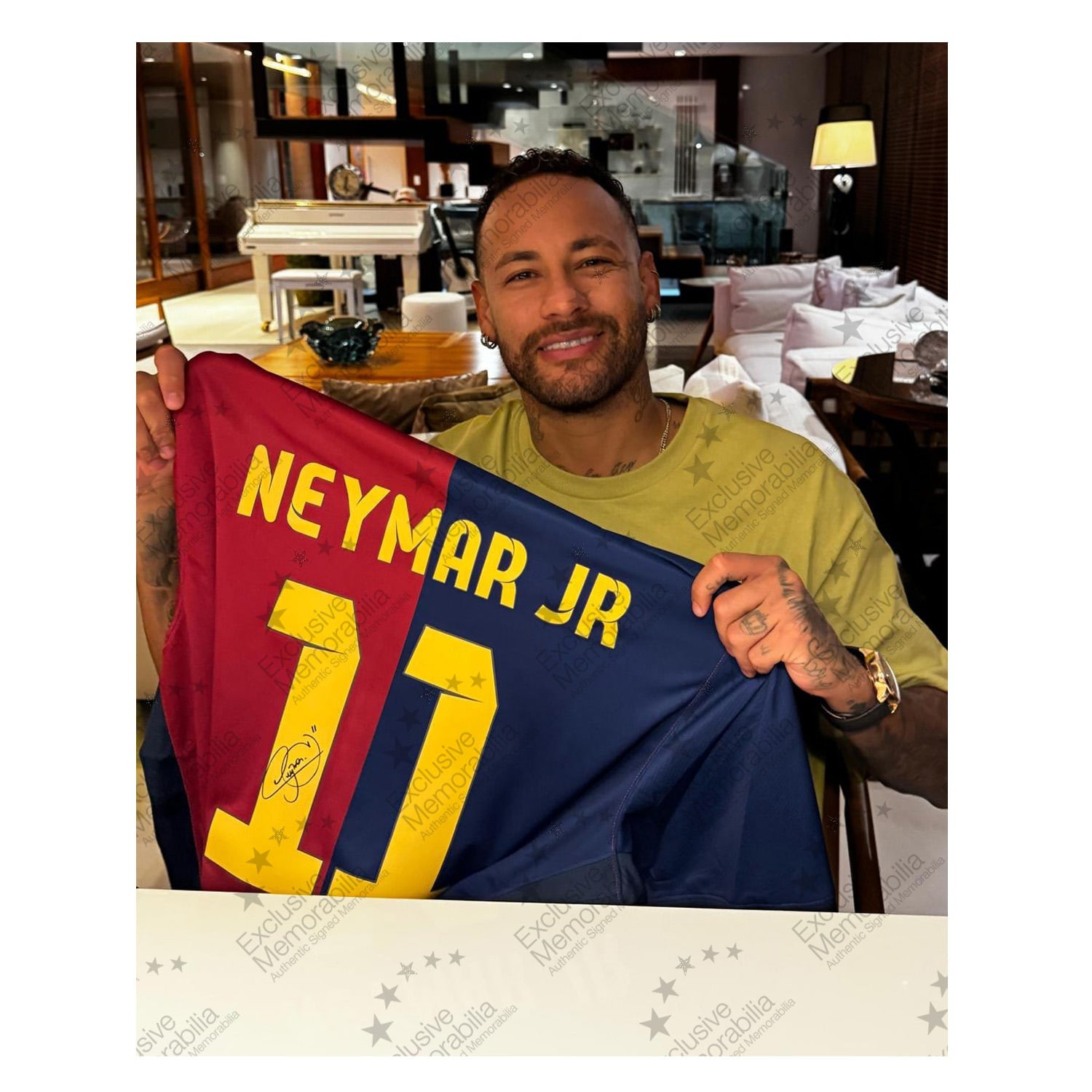 Lamine Yamal And Neymar Jr Signed Barcelona 2024-25 Home Shirts. Dual Frame