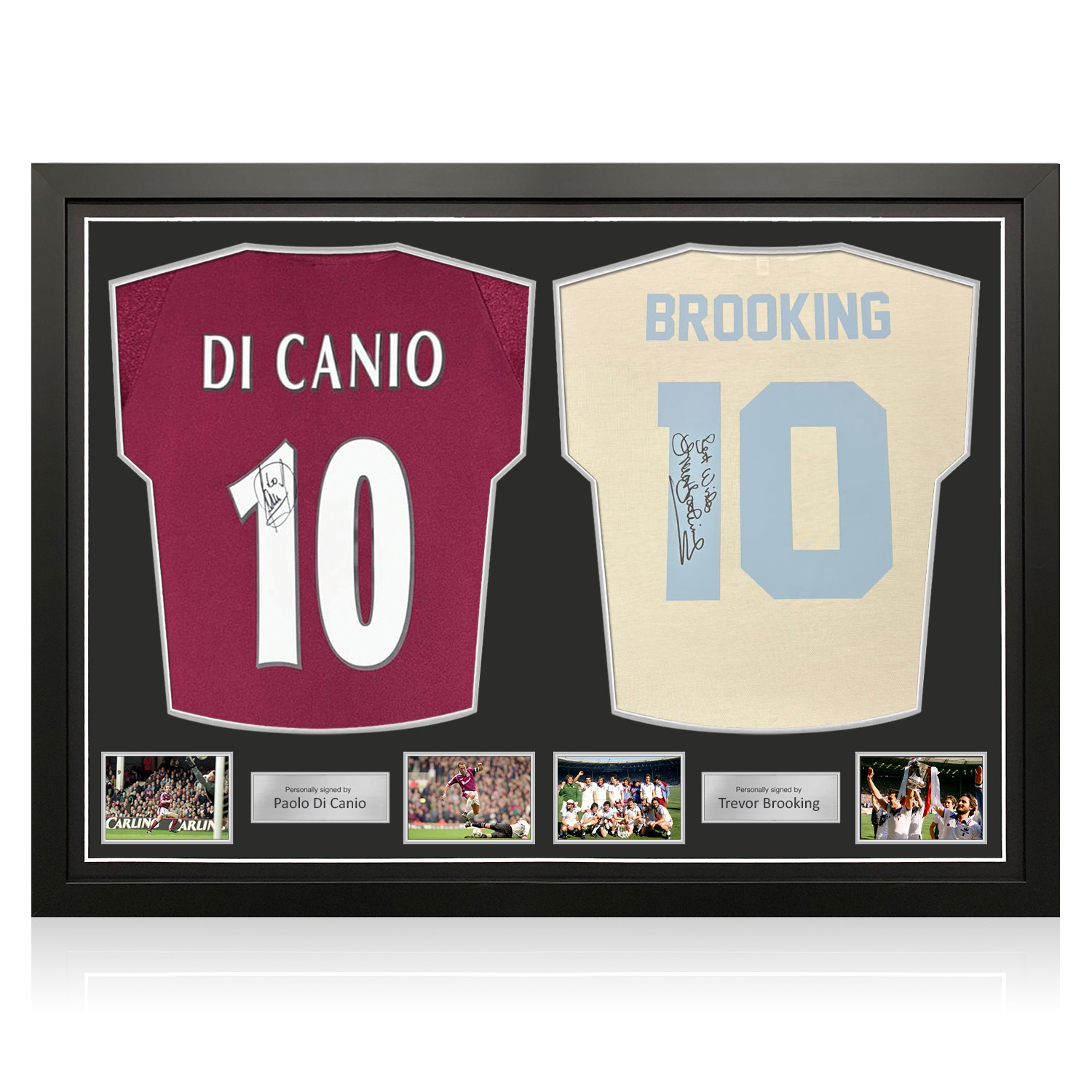 Paolo Di Canio & Sir Trevor Brooking Signed West Ham United Football Shirts. Dual Frame