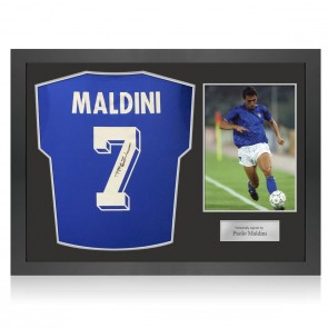 Paolo Maldini Signed Italy 1990 Home Football Shirt. Icon Frame