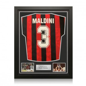 Paolo Maldini Signed 1994 AC Milan Home Football Shirt. Standard Frame