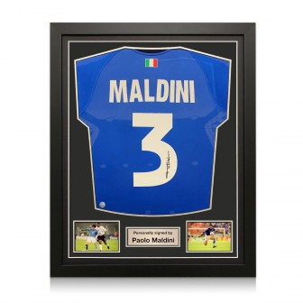  Paolo Maldini Signed 2018 Italy Home Football Shirt. Standard Frame