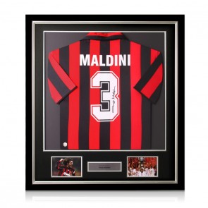 Paolo Maldini Signed 1988 AC Milan Home Football Shirt. Deluxe Frame