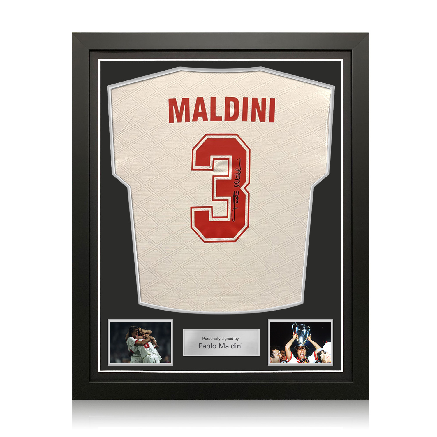 Paolo Maldini Signed AC Milan 1994 European Cup Final Football Shirt. Standard Frame