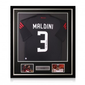 Paolo Maldini Signed 2008-09 AC Milan Third Football Shirt. Deluxe Frame