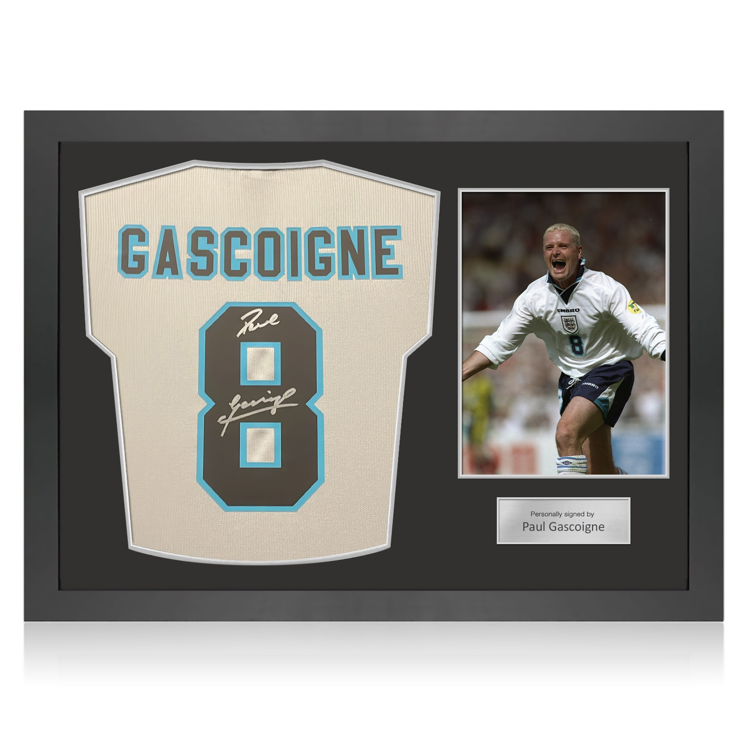 Paul Gascoigne Signed England 1996 Home Football Shirt. Icon Frame