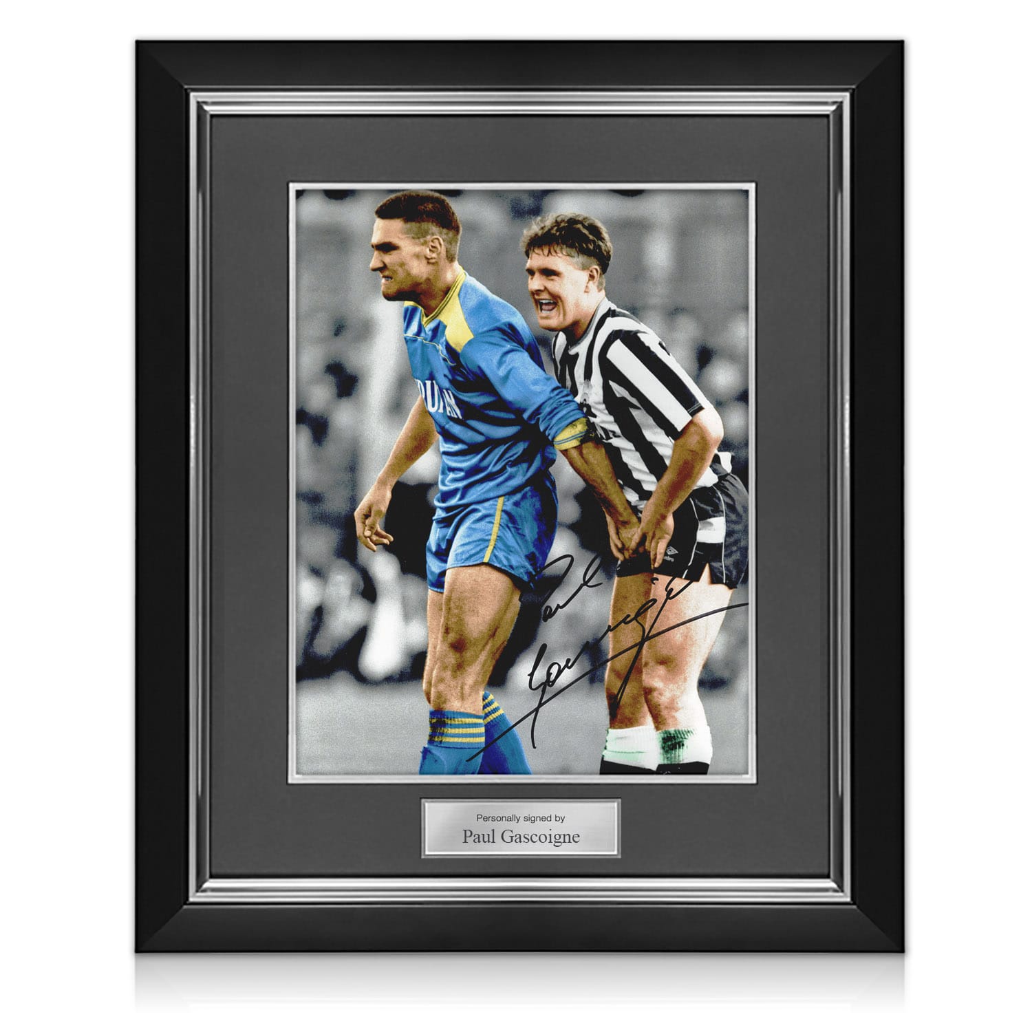 Paul Gascoigne Signed Newcastle United Football Photo: With Vinnie Jones. Deluxe Frame