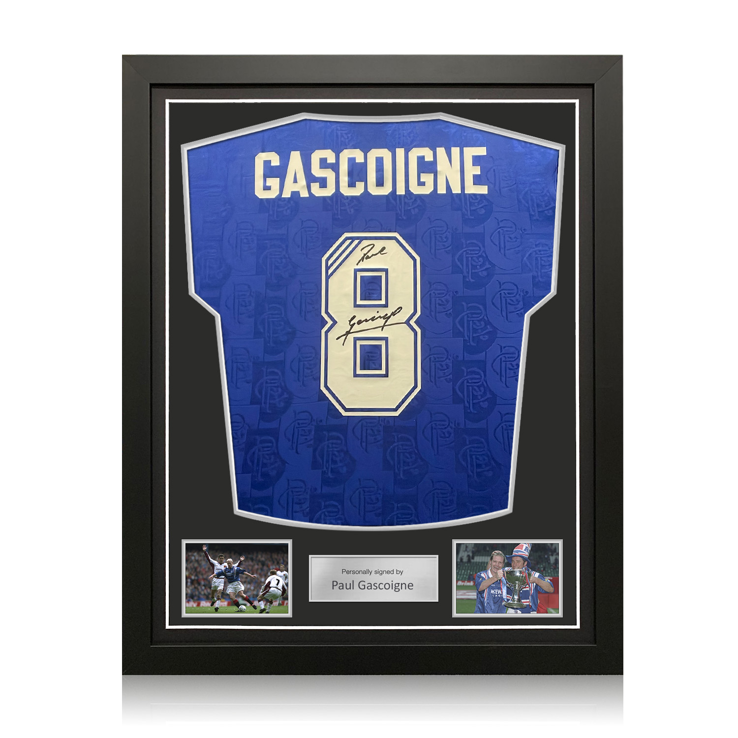 Paul Gascoigne Signed Rangers 1996-97 Home Football Shirt. Standard Frame