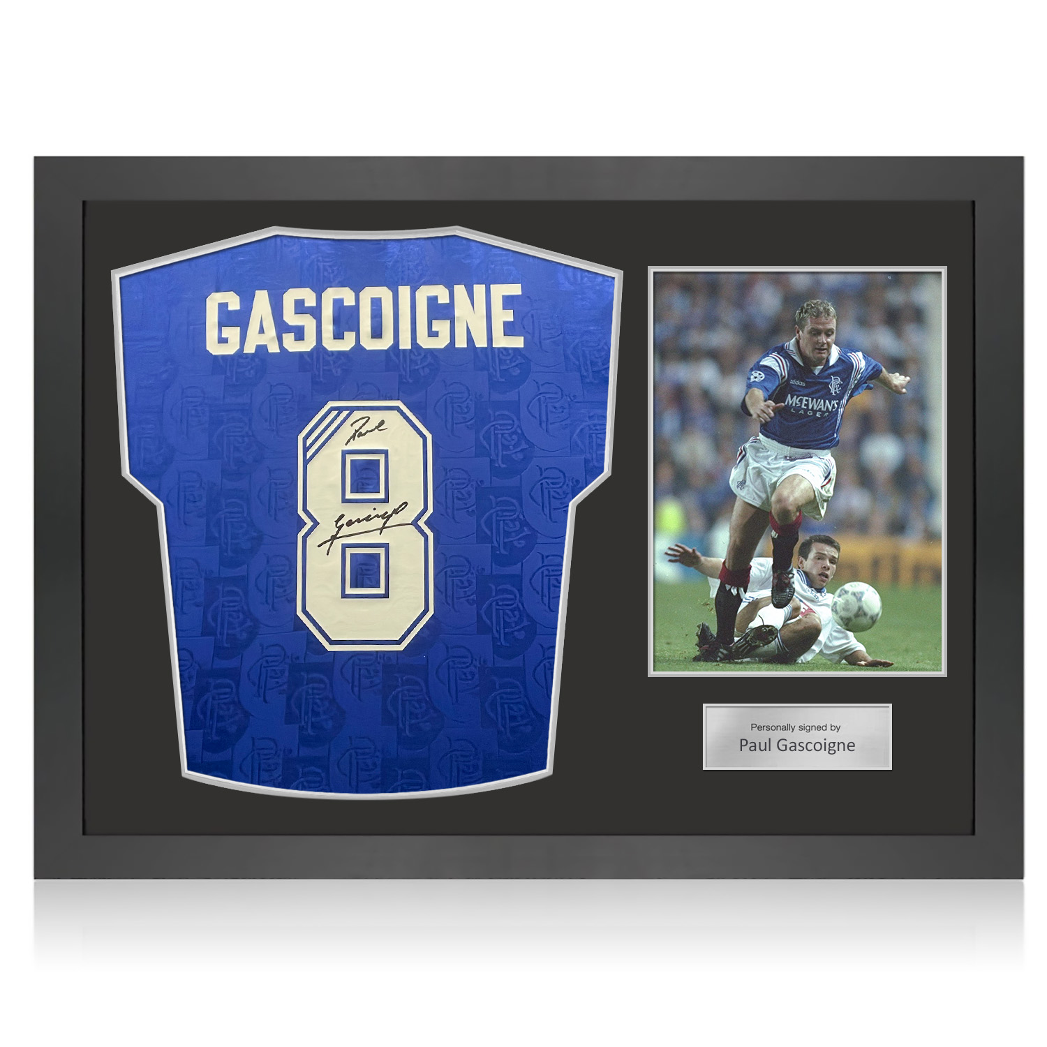 Paul Gascoigne Signed Rangers 1996-97 Home Football Shirt. Icon Frame