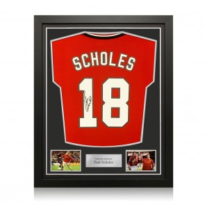 Paul Scholes Signed Manchester United 1999 League Football Shirt (Retro Printing). Standard Frame